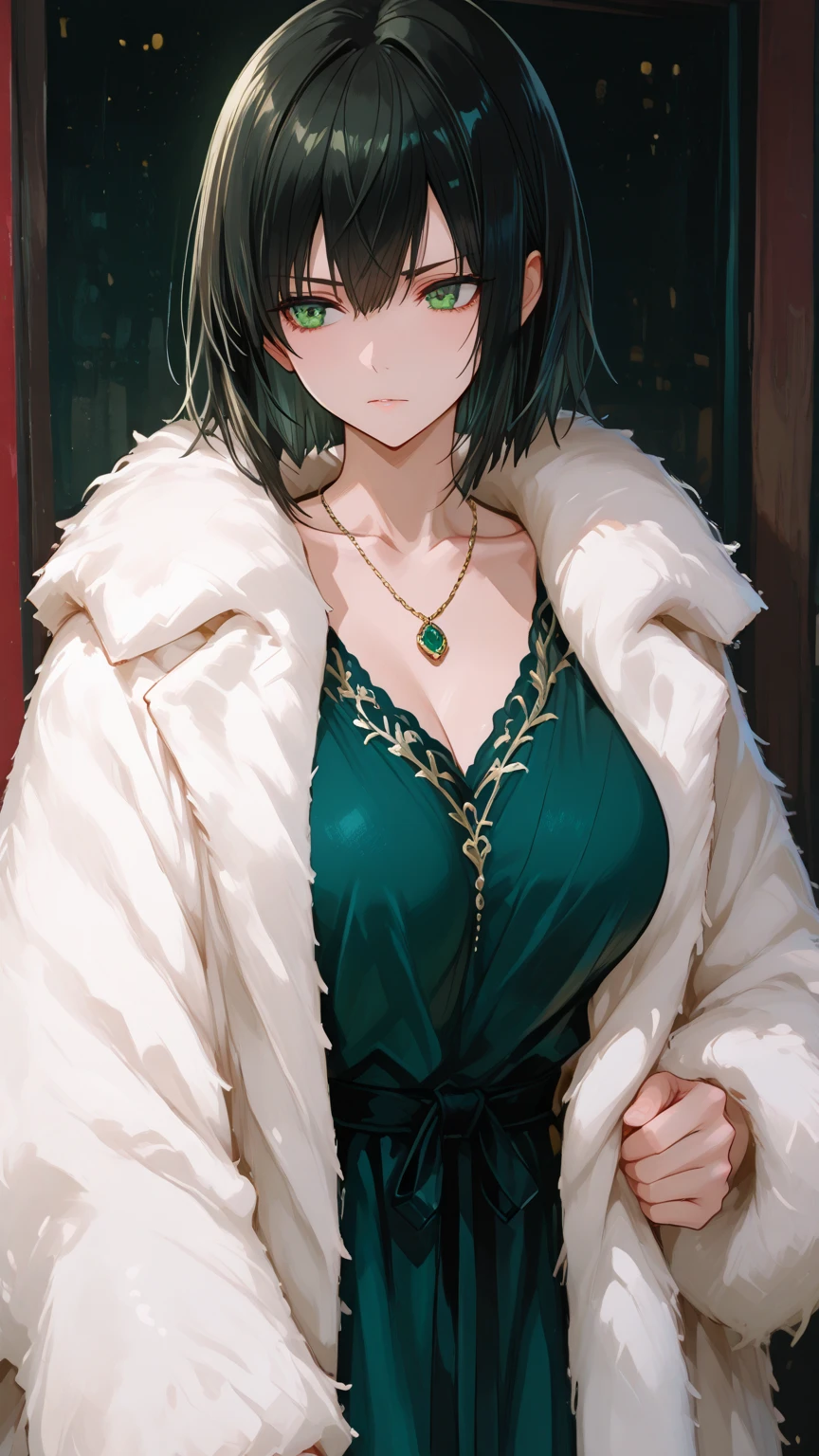 The best possible quality ((high resolution 8k)),a beautiful woman, the most beautiful girl, the best, beautiful short hair, short hair with bangs, pearl necklace ((very well detailed green eyes)),((,with a very dark green long dress)),((with a long white and dark green fur coat)),walking, (( with a long dark green dress), very large breasts, micro lingerie