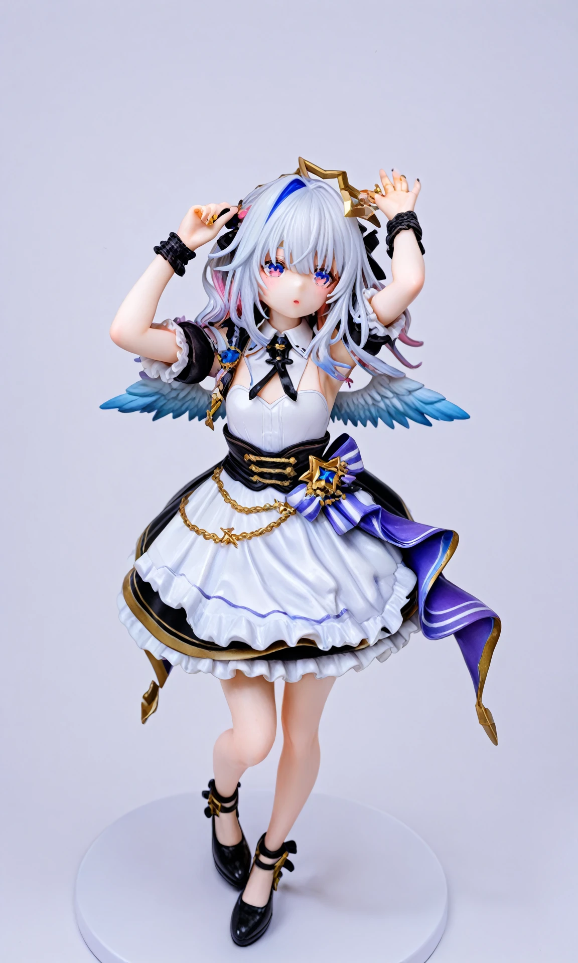 girl, amane kanata, star halo, solo, halo, angel wings, multicolored hair, asymmetrical hair, single hair intake, purple eyes, armband, 
BREAK
short hair, blue hair, grey hair, socks, long sleeves, grey jacket, bob cut, streaked hair, bangs, frills, wide sleeves, white wings, 
BREAK
black skirt, hair over one eye, frilled skirt, blue socks, sleeves past wrists, turtleneck dress, miniskirt, blue wings, cowboy shot, walking, garden,
BREAK
full body, chibi, [realistic], [3d], (3dcg), ((octane render)), [fisheye], smile, closed mouth, full body
BREAK
(8k, RAW photo, best quality, masterpiece:1.2), ultra high res, (((realistic, photo-realistic))), professional lighting, detailed lighting, professional photography, fisheye, dynamic angle, high quality, high res, extremely detailed, bloom
BREAK
depth of field, sketch, sharp focus, soft lighting, good composition, god light highlight, detailed, (((photorealistic details))), detailed skin, to8contrast style