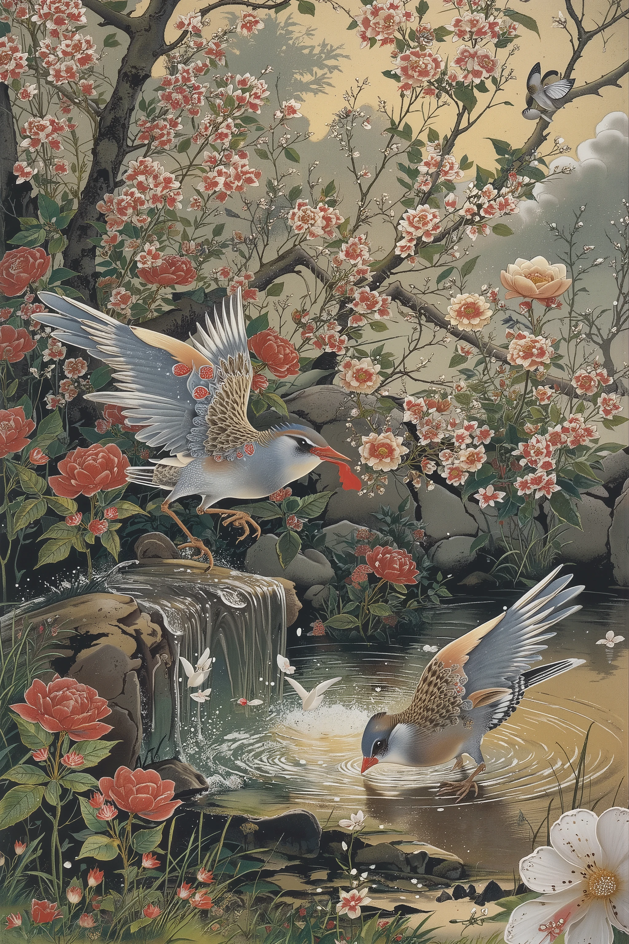 2 sparrows,Sparrow playing in water,A sparrow drinking water at a watering hole,summer,old japanese,nihonga,ito jakuchu,