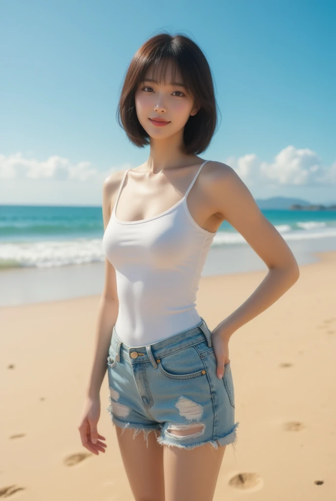 ((Exposing shoulders)), ((Ample breasts)), ((The skirt is short)), ((Sexy Legs)), ((whole body)),practical, Stylish girl,1girl,sexy pose,best quality,masterpiece,illustration,an extremely delicate and beautiful,CG,unity,8k wallpaper,Amazing,finely detail,masterpiece,official art,extremely detailed CG unity 8k wallpaper,incredibly absurdres,huge filesize,ultra-detailed,highres,extremely detailed,beautiful detailed girl,realistic,outdoors,light contrast,(White tee shirt、Shorts,、Red lipstick、Looking from below、smile、(Ocean、Ocean岸で歩いている)、Short Hair、On the boat、