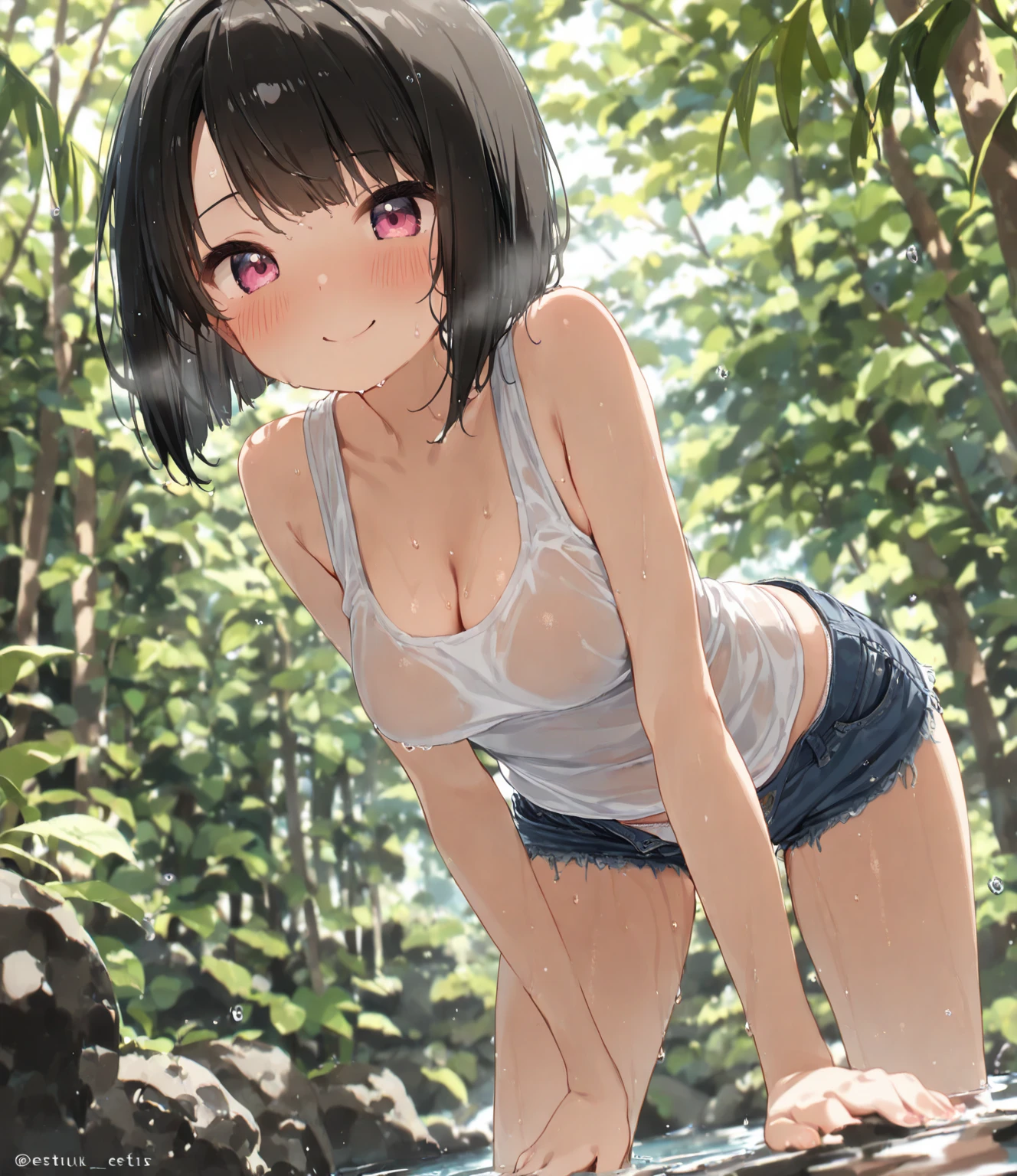 beautiful detailed girl,(masterpiece,best quality,extremely detailed:1.2),((cowboy shot:1.1)),(solo,10 years old,kawaii,slender,small breasts:1.25),(pained look:0.8),((white underwear) in ((Torn school uniform)):2),(dirty:2),blush,shy,weep,standing,(deep forest:1.5),(hug:0.4),rating: general, newest,Sexy face,(primitive:1.1)