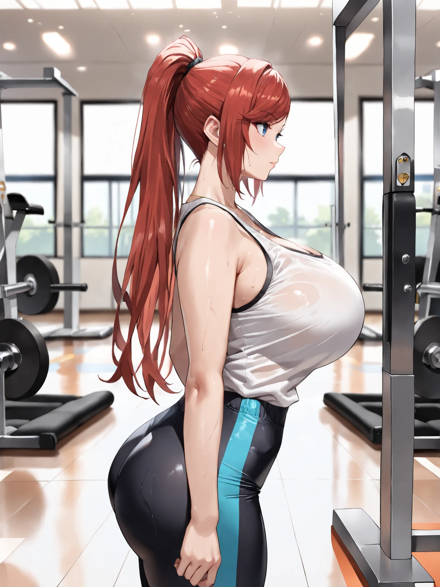 Code geass, Kallen kozuki, 1girl, (((bimbo))), blue eyes, puffy lips, painted lips, thick lips, wide hips, thick thighs, big breast, huge ass, revealing cleavage, erotic, Smile face, bubble butt, cameltoe, hanging breasts, in the gym, lifting weights, pink yoga pants, pink top, huge breasts, sweat, holding breasts, groin focus, pregnant, leaning backwards