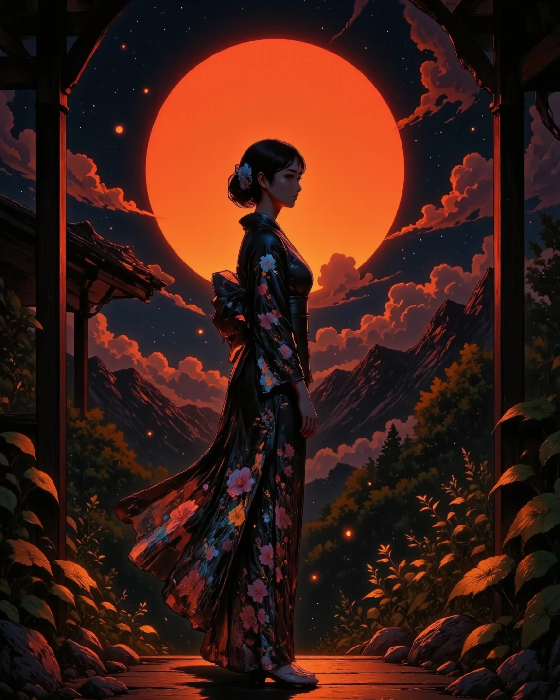 When the sun is about to set、A tall woman in a kimono standing surrounded by light。