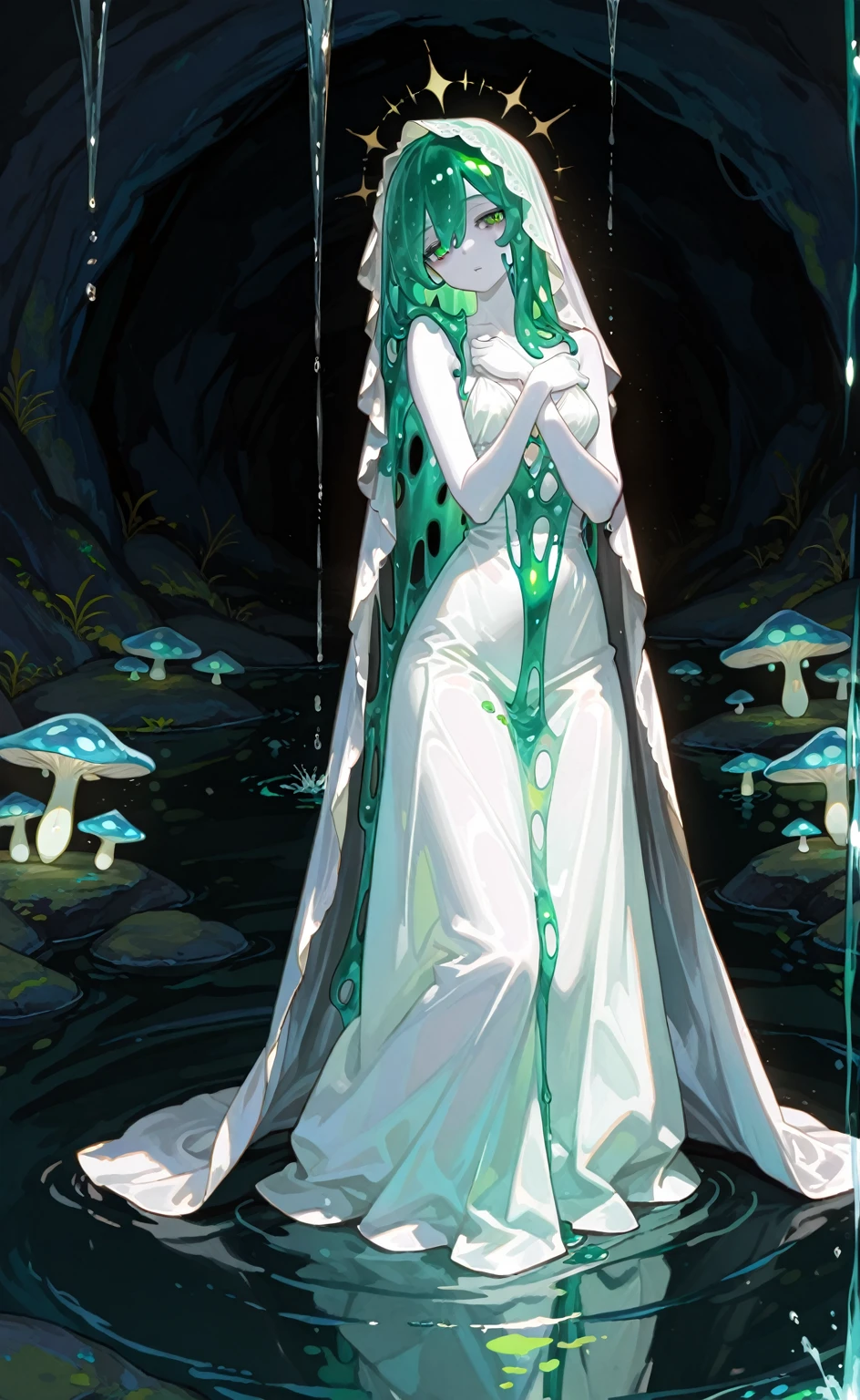2 girls suspended over a slimy surface, restrained in a sticky and slimy cocoon made of silk, surrounded by vines and plant life