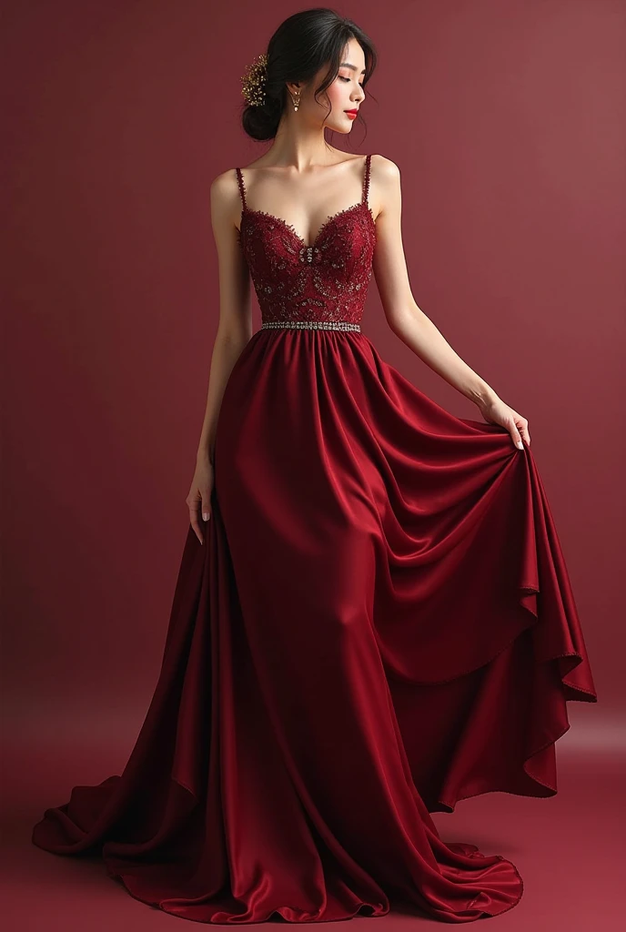 Beautiful woman, beautiful style, beautiful accessories, beautiful makeup, beautiful dress, full-length, red