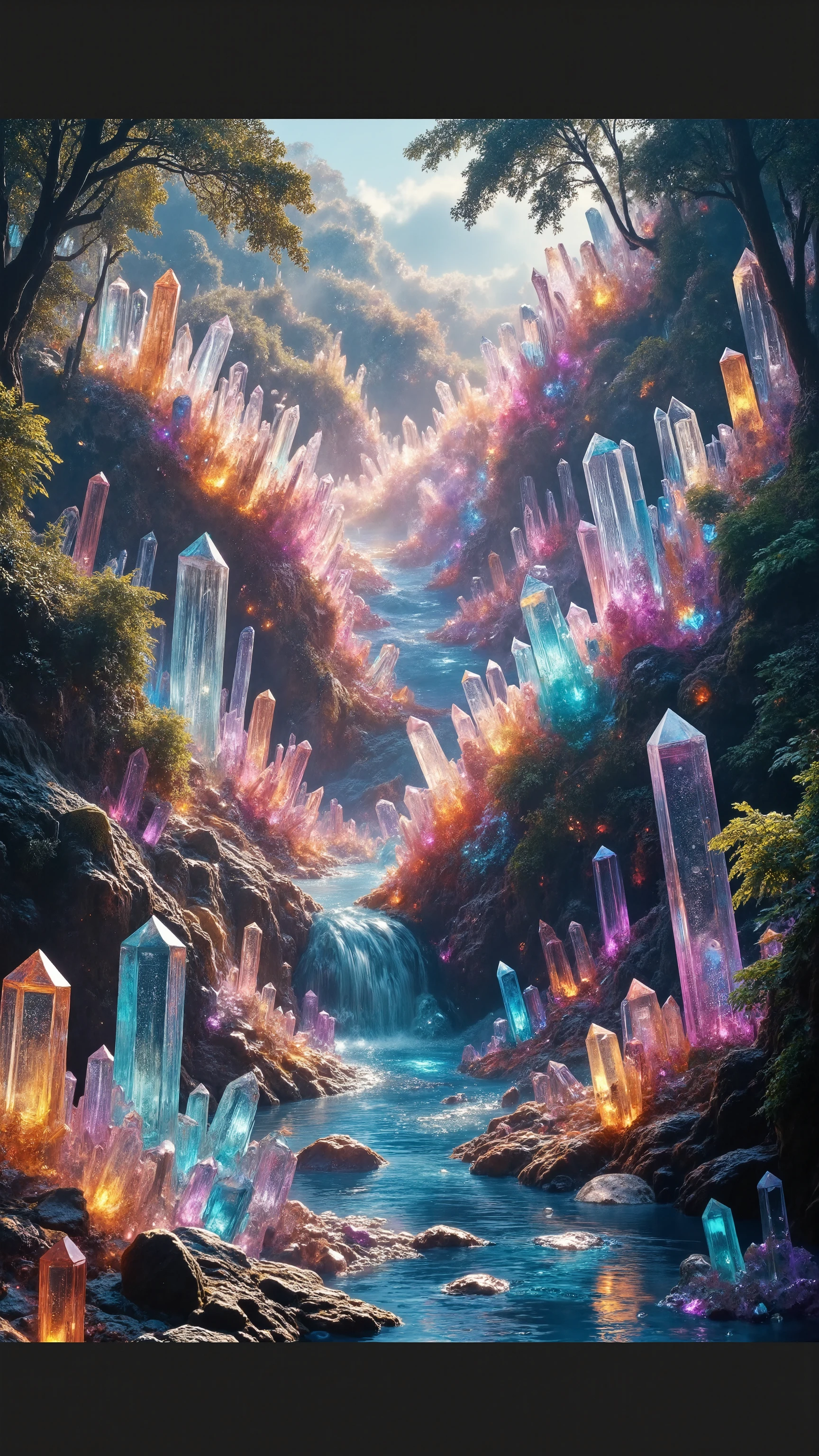 Ultra-realistic, photo-realistic, hyper-crystalistic, Quartz crystals of all colors and of all height are protruding up out of the ground lining a significantly wide clearish blue river that turns a beautiful dark purple that bubbles profusely on the outer edges of the river where the crysyal points begin to emerge. The height of the translucent, yet colorful crystals range from 7 to 30 feet tall and are tallest on the river's curved edges, with the crysral points taking up about 5 feet on both sides of the river then the lush tropical rainforest overgrowth takes over with jungle vines, ferns and massive trees. The incredible quartz crystal points are blue, purple, pink, red, orange, yellow, and absolutely clear and radiate an energy with a sharpness that can be seen glowing at a distance and within these crysrals are phantoms which blast rainbows of dissected light. Thousands of different colored tall, thin, translucent quartz crystals are protruding from the ground lining the river, the taller ones usually collecting where the river bends and curves. Breathtakingly beautiful, ultra-realistic, photo-realistic, cinematic photography, cinematic portrait, photorealism, hyperrealism, ultra-detailed, UHD, full focus, 3D rendering, 8K, highres, cinematography, masterpiece
