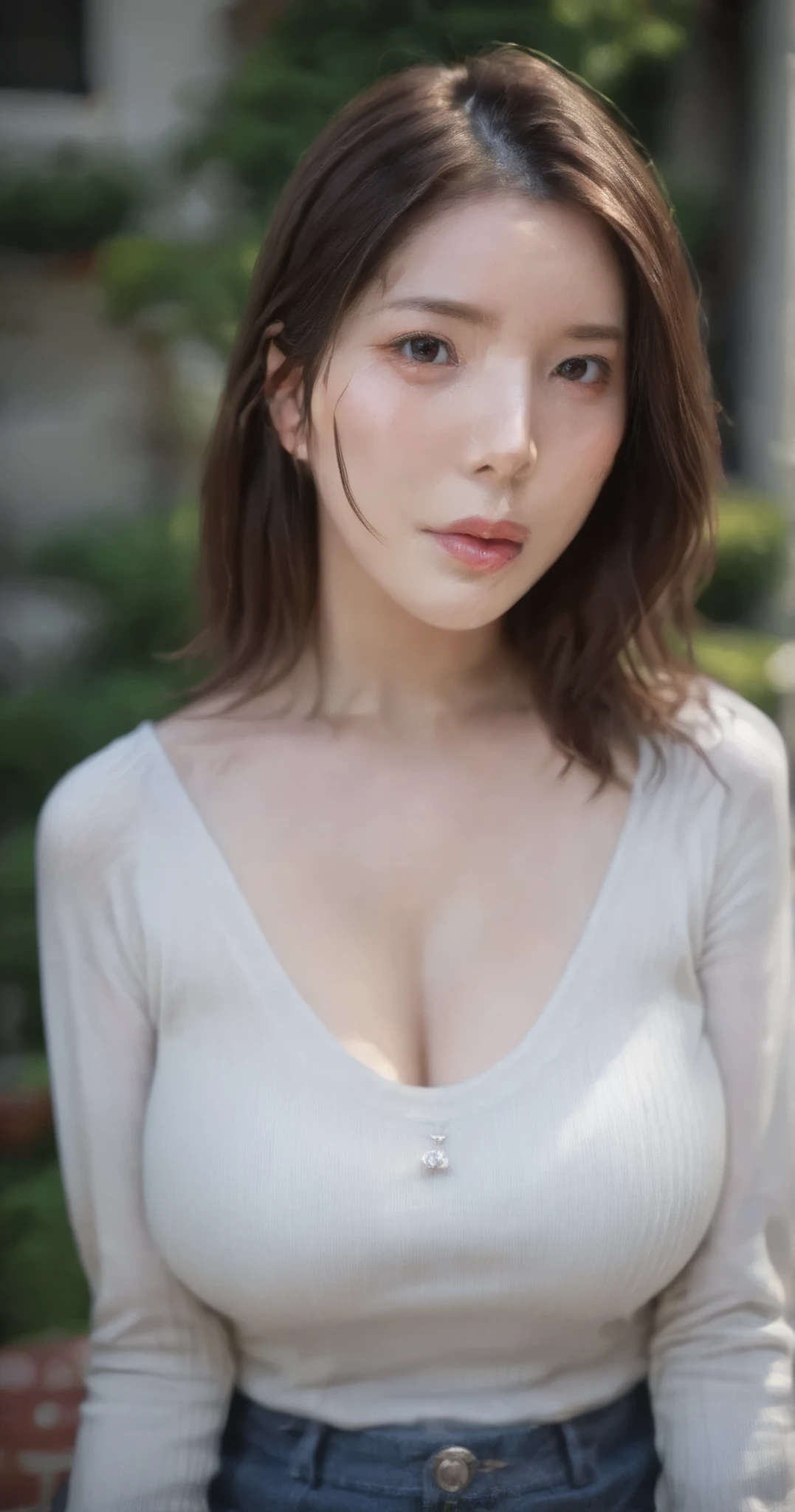 (((Medium Hair))), highest quality, 8k, Hmph, High Resolution, Absurd:1.2, picture, (Raw photo:1.2), (Photorealistic:1.4), (masterpiece:1.3), (Intricate details:1.2), One Girl, solo, Japanese girl, 繊細in美しいディテール, (Detailed eyes), (Detailed facial features), , (((Large Breasts))), Firm Skin, (look up_in_Audience), from_front, (skin), (highest quality:1.4), (超A high resolution:1.2), Cinematic light, (Highly detailed illustration), (Lip gloss、highest quality、超A high resolution、Depth of written boundary、Caustics、Broad Lighting、Natural Shading、85mm、f/ 1.4、ISO 200、1 / 160 seconds:0.75)、One Girl、solo、necklace、Nogizaka Idol、Gravure idol pose、Beauty, White blouse、pastel cardigan、Midday Office