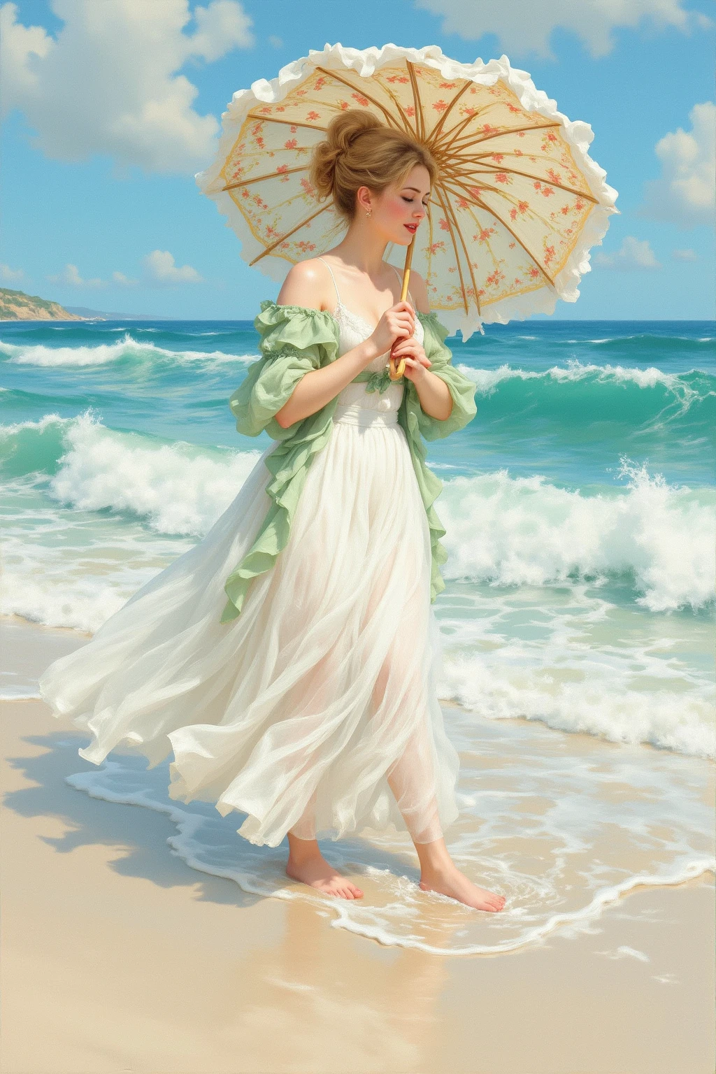 the sea，Girl in white dress on the beach，Yellow straw hat，Barefoot