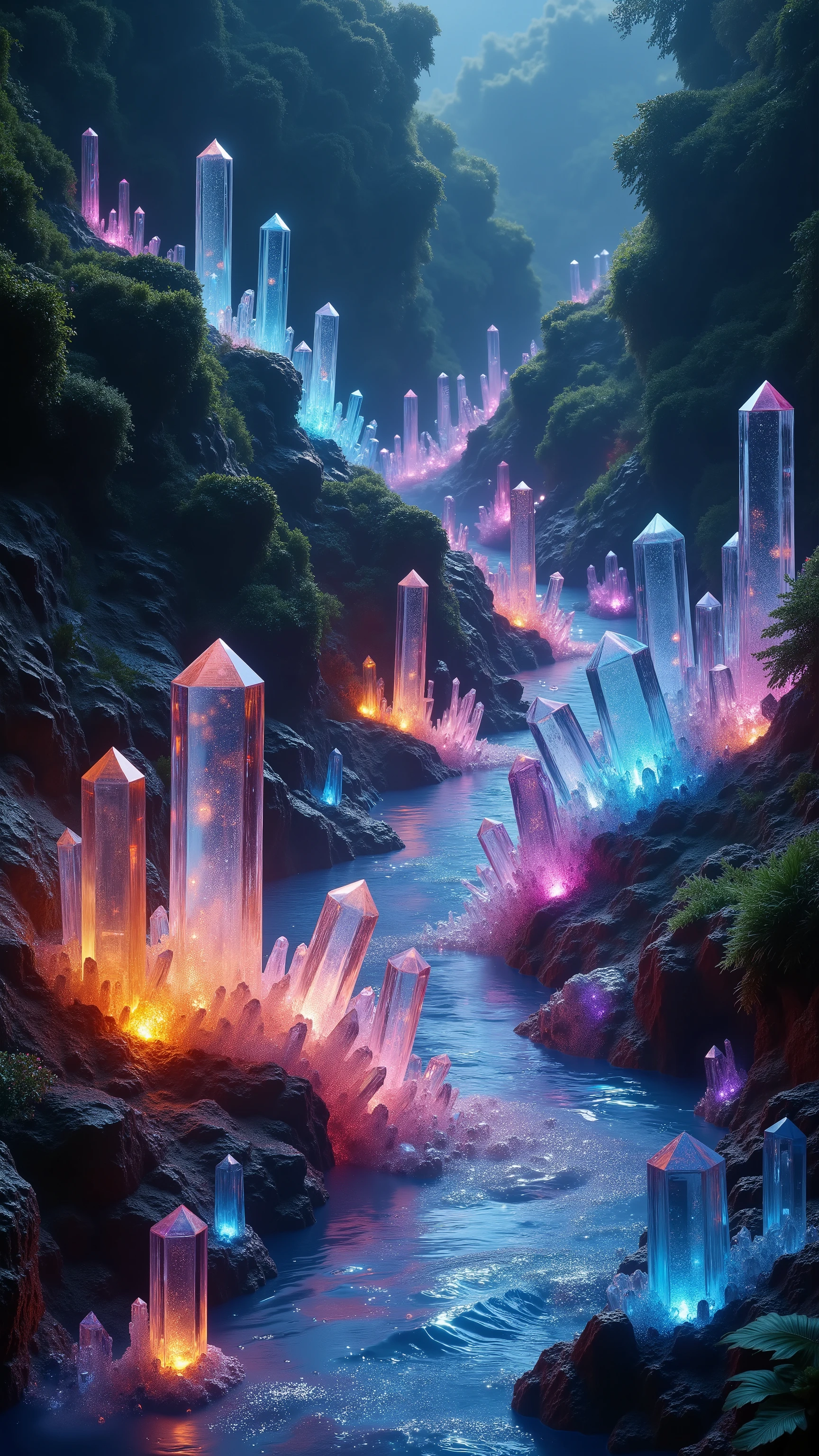 Ultra-realistic, photo-realistic, hyper-crystalistic,  Quartz crystals of all colors and of all height are protruding up out of the ground lining a significantly wide clearish blue river that turns a beautiful dark purple that bubbles profusely on the outer edges of the river where the crysyal points begin to emerge. The height of the translucent, yet colorful crystals range from 7 to 30 feet tall and are tallest on the river's curved edges, with the crysral points taking up about 5 feet on both sides of the river then the lush tropical rainforest overgrowth takes over with jungle vines, ferns and massive trees. The incredible quartz crystal points are blue, purple, pink, red, orange, yellow, and absolutely clear and radiate an energy with a sharpness that can be seen glowing at a distance and within these crysrals are phantoms which blast rainbows of dissected light. Thousands of different colored tall, thin, translucent quartz crystals are protruding from the ground lining the river, the taller ones usually collecting where the river bends and curves. Breathtakingly beautiful, ultra-realistic, photo-realistic, cinematic photography, cinematic portrait, photorealism, hyperrealism, ultra-detailed, UHD, full focus, 3D rendering, 8K, highres, cinematography, masterpiece 