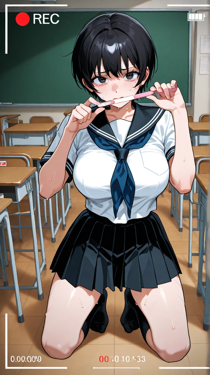 (masterpiece、Highest quality)、Highest quality, Ultra-high resolution, (((masterpiece))), alone, Sweat、Big eyes, Composition from the front、short hair、both ears、Embarrassed face、Blonde Hair、School classroom、Sailor suit、Upper body naked、Breasts exposed、Nipples、Large areola、belly button、skirt、Upper body close-up、Sit with your legs apart、panties、Pussy Line、Browsing Caution