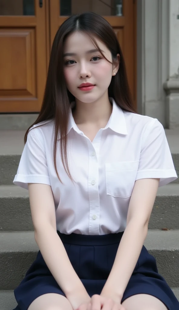 korean girl in  kneeling down on classroom facing the blackboard, best quality, perfect body, ultra realistic, accurate details, beuutiful face