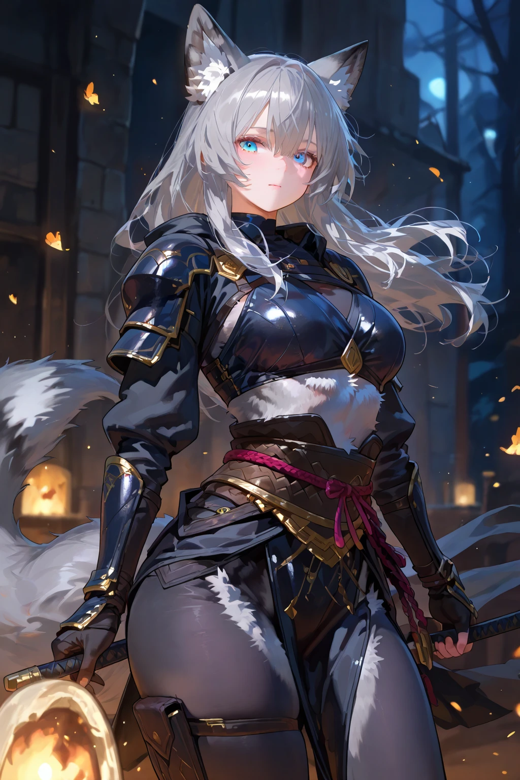 Peerless beauty，Perfect slim body，Mature royal sister face，Double ponytail curls，Knight armor，Sexy and seductive，Nice face，Full body like，4K quality，Feminine expression，Blush shyness，Star-like deep eyes，Huge breasts，short  miko skirt，Knife pulling posture。Overflowing bust，Fight Warcraft，speed lines，the best quality t，master-piece，Magnificent background，On the battlefield，Clothes are broken