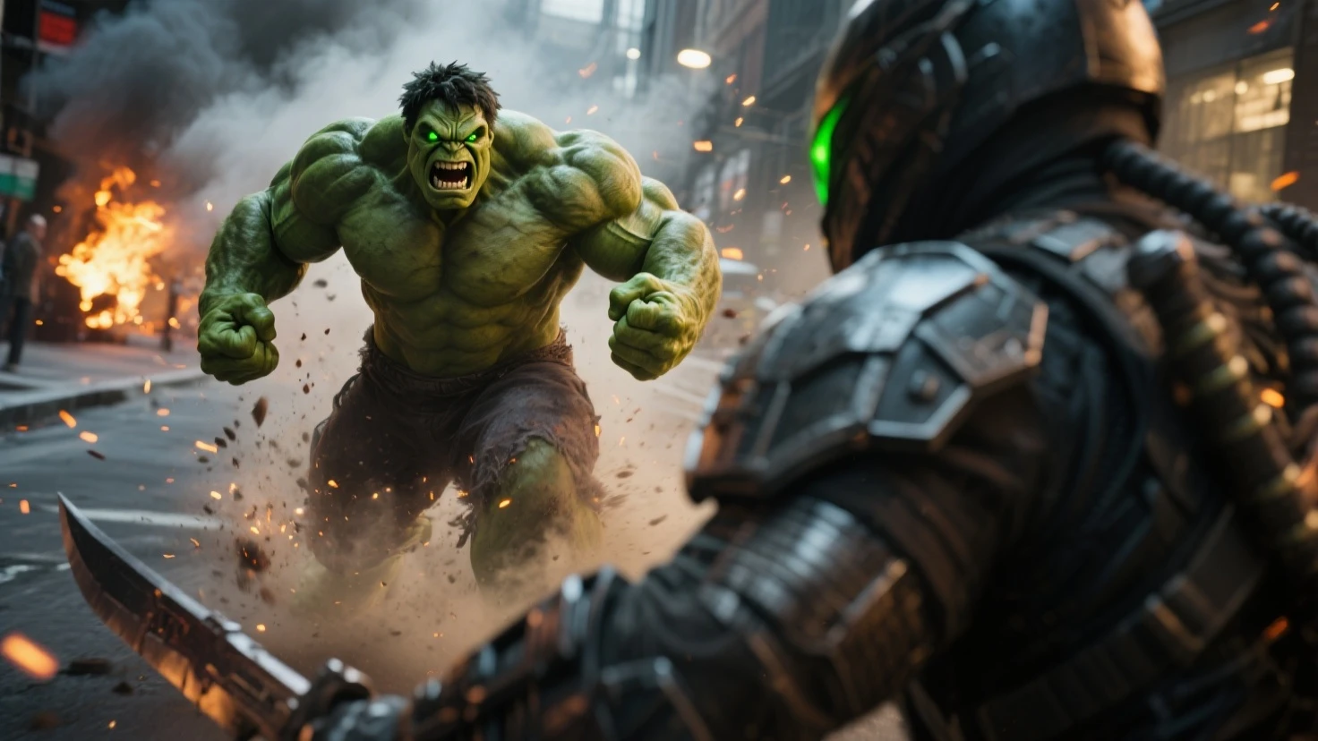 Robert downey jr in dr doom fighting with hulk