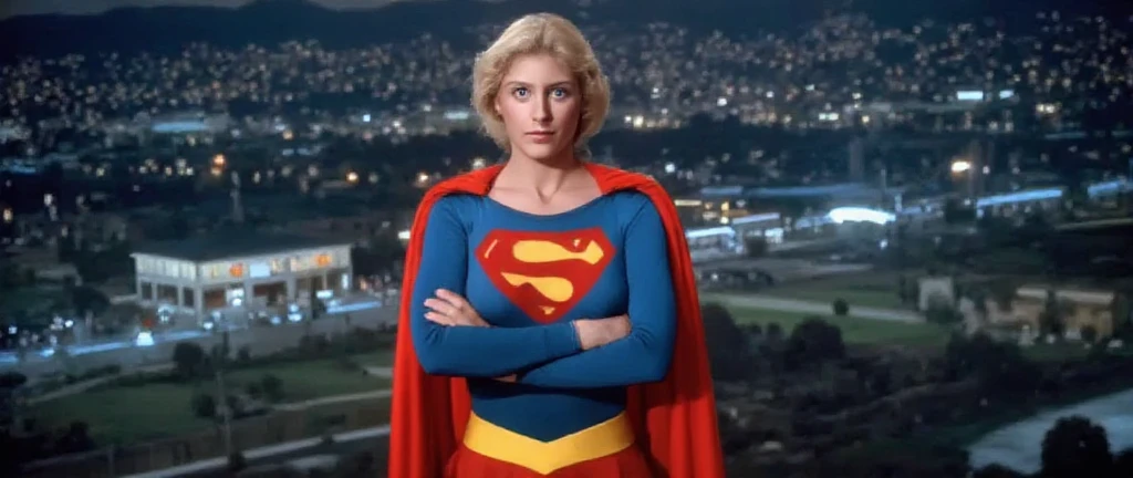 luxurious hotel room; Jean Smart 2024( big fat woman; powerful; trusting; higher) 2007 (((Woman defined body with big breasts, strong and firm; Supergirl 1984s costume dress))) as Supergirl(((Jean Smart's 1984 Supergirl Movie))); floating in mid - air.