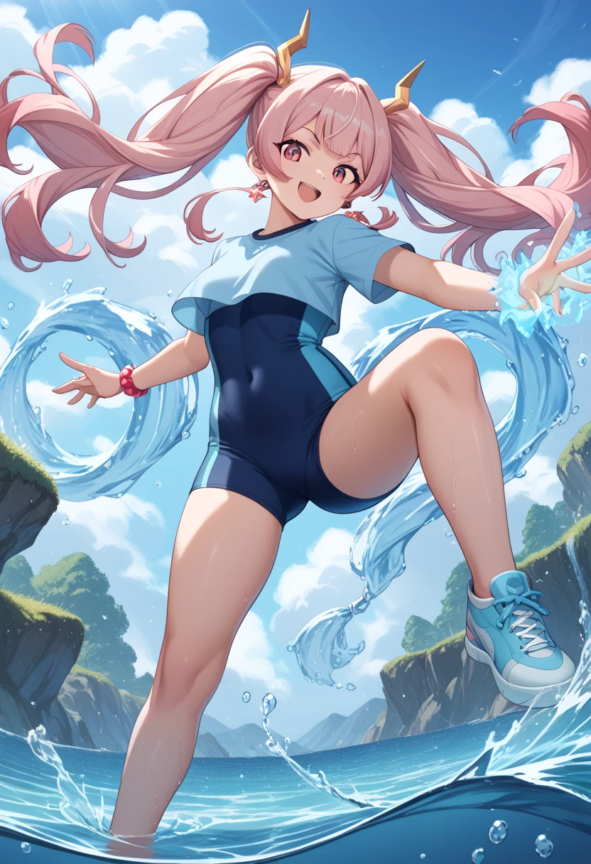 (masterpiece, best quality:1.2), cowboy shot, (solo), (1girl):1.5, glasses, long fluffy pink hair, hair blowing, gorgeous body, wide hips, slight smile, ((very sexy and transparent (blue leotard)) with exposed navel), musculous belly, gorgeous huge breasts, ((pink breasts niples) under very transparent blue leotard), (cameltoe), in front a waterfall in a windy beach, view form sea to beach.