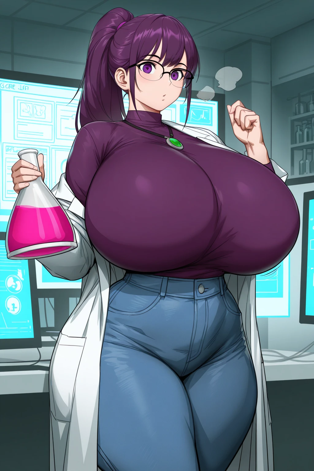 ((made by zackary911:1 art style)), ((adorable and cute cat face)), (color her skin and face purple:1), focus on the furry cat, ((tall female body and imposing)), ((superiority and perfect body)), ((face of a bald cat dressed only in a white scientist's laboratory coat that is open in half and she has a black microbikini:1 )), ((no hair anywhere on her body, no skin, total baldness, baldness:1)), masterpiece, Best quality, purple body and face color, a hairy and feminine woman is a cute cat with purple skin, orange cat tongue, no hair anywhere on her body, pink cat nose, big thighs, big tits, and big natural breasts.  , ((Hourglass Figure)), (1.4), huge, thick, thick body, huge sexy woman, perfect body, big breasts, big ass, perfect body, masterpiece, best quality, full figure, SEXY body voluptuous, soft.  Perfect, athletic body, big oval eyes with black sclera and white pupils, orange tongue ((purple inside her cat ears)), light pink cat nose, black and white eyes, ((long dark purple tail), ( (completely smooth face)), ((purple female sphinx cat face)), ((sphynx cat head)), orange cat tongue, adorable face, ((Cute face)), voluptuous cat woman, ((white coat of scientific laboratory that completely covers her body in a black microbikini)), furry cat with happy face expression, Venus Perfect body, ((only 2 normal purple cat ears, no hair on the head:1)), completely, high quality, handiwork teacher, adorable and sexy, Beautiful adorable Perfect body, violet color of body and face, big black eyes with white iris, cat mouth, cat teeth, bald body, on a romantic date, ((made by zackary911 art style: 1)