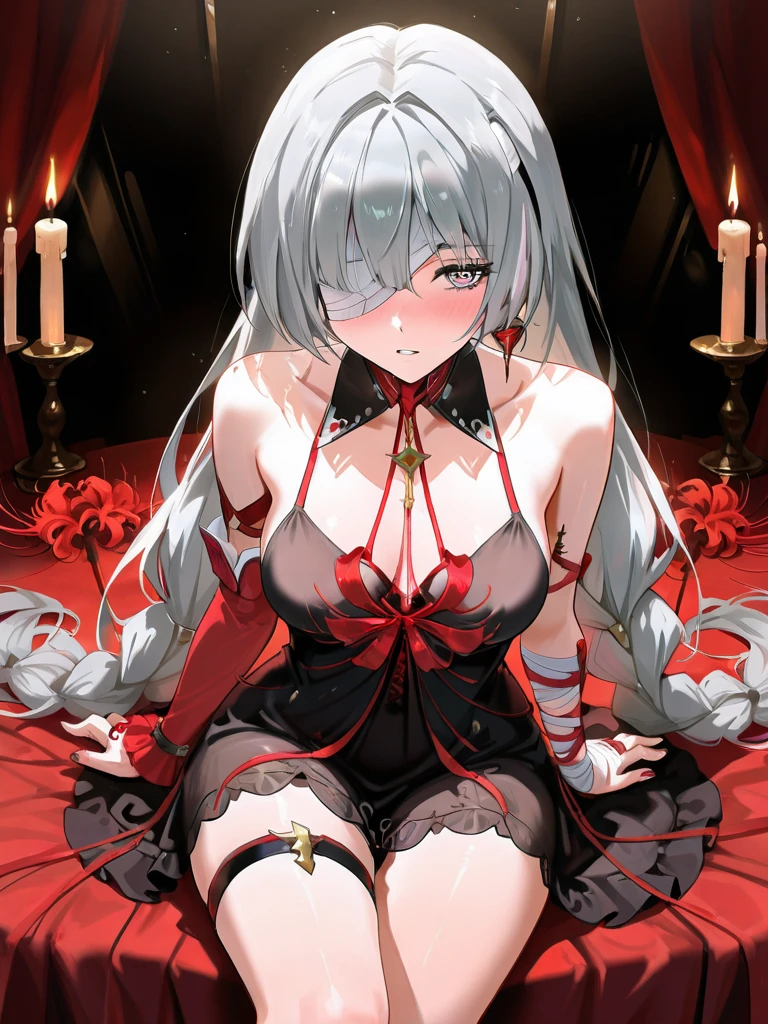 1girl, best quality, masterpiece, high resolution, solo,extremely detailed CG, 8k wallpaper, {illyasviel_von_einzbern:1.15}, long_hair, white_hair, red_eyes, bangs,bustier short, bustier, wide thighs, position on all fours, bed, bustier white.
