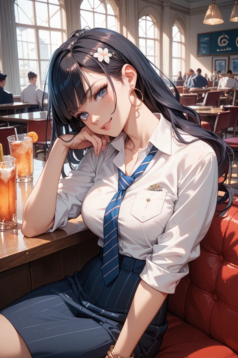 masterpiece, top quality, film photography,
sexy Korean college girl, cafe interior, daytime,
leaning forward, massive cleavage, low-angle, close-shot,
smiling, choker accessory, public setting,
glass windows, high saturation, detailed, film grain.