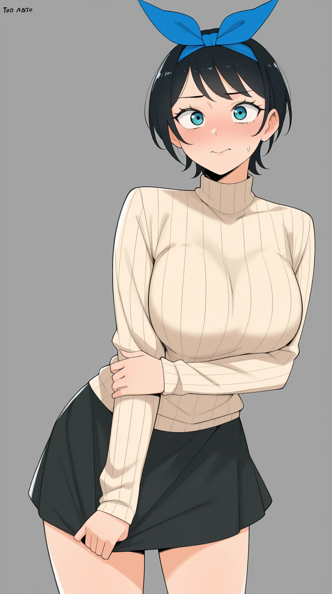 ((Masterpiece)), perfect anatomy, perfect shading, field of depth, (best quality), extremely delicate and beautiful, perfect lighting, detailed face, ultra cute face, cute, (cowboy shot 1.2), (((1girl))), ((solo)), looking at viewer,

((((Sarashina Ruka)))), ((blue hairband)), ((tan turtle neck sweater)), ((black short skirt)), (blush) sweet smile, medium breasts, perky breasts, wide hips, ((thick thighs)), 

Japanese city, street, intricate background, detailed background, standing, arms behind back,