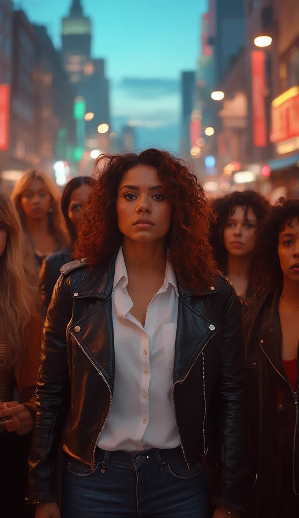 She's walking in a city, it's movement (Black-skinned woman Beautiful brunette with a perfect body, beautiful, big, perfect breasts, wide, thin thighs, perfect, everything perfect,) ((Art Style Full Length View, full-featured))characteristics (Purple and black straight hair style, wavy, prisoner, Loose) ( clothing style wearing a white jacket and red pants) ( Full body tattoo style) .8K uhd, high qualiy, volumetric light, photoshot, high resolution, 4K, 8K