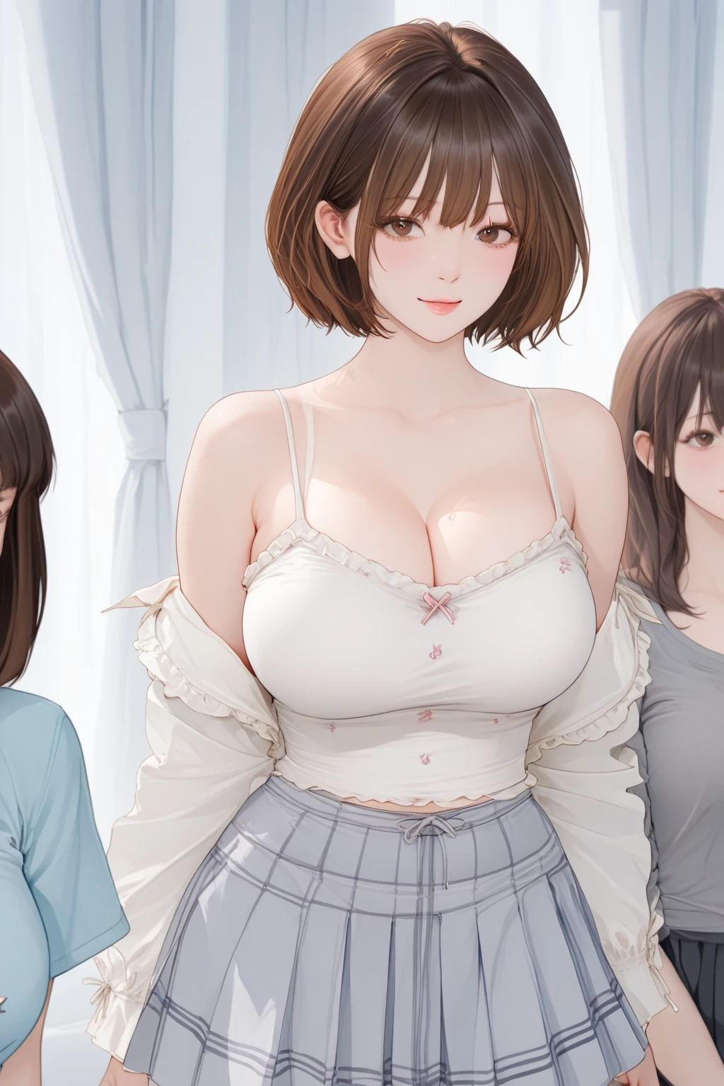 (masterpiece:1.3), (8K, Photorealsitic, Raw photography, Top image quality: 1.4), Japan high school girls、(Random hairstyles:1.2)、cleavage of the breast:1.2、Super Detail Face、Eye of Detail、double eyelid、Bring your chest together、sharp focus:1.2、prety woman:1.4、light brown hair、top-quality、masterpiece、超A high resolution、(Photorealsitic:1.4)、Highly detailed and professional lighting smile、Loose and light knitwear、Shoulder out、slender、serious facial expression、short-haired、Fatal position