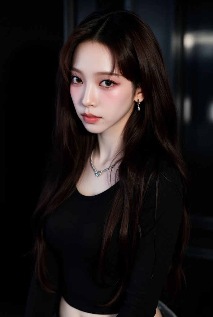 girl with long red hair, red eyes, futuristic vibes, mask on mouth, headphones, 8k, high quality, simple background, glowing eyes, nice pose
