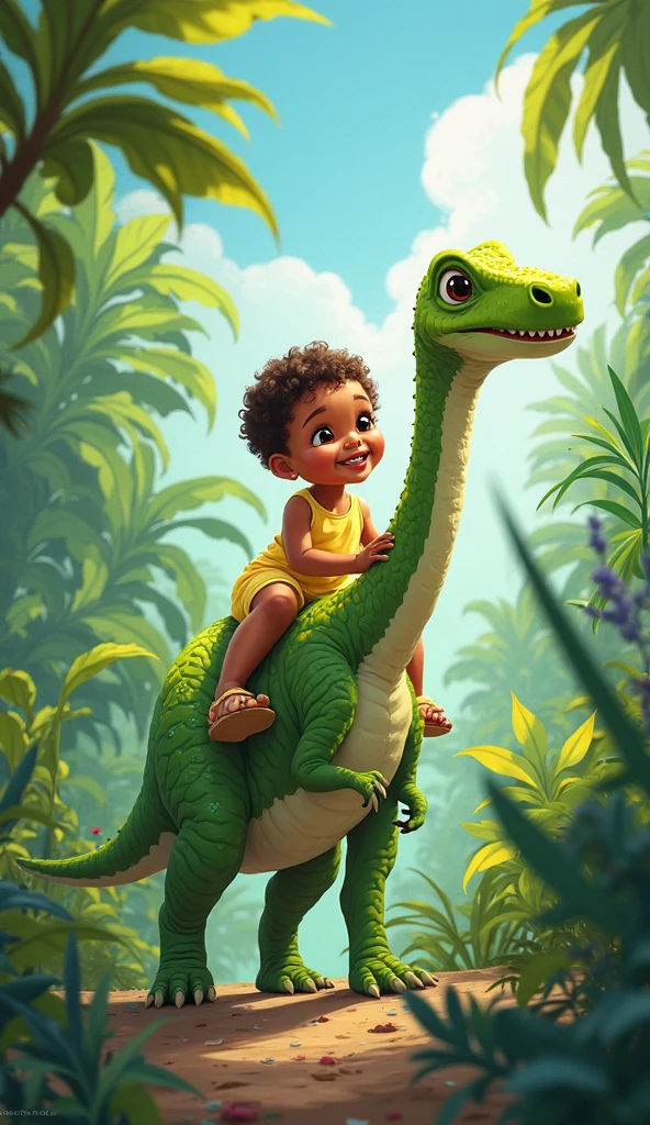 a boy, 3 years old, curly haired, green eyes, playing with a good dinosaur in the jungle --auto --s2