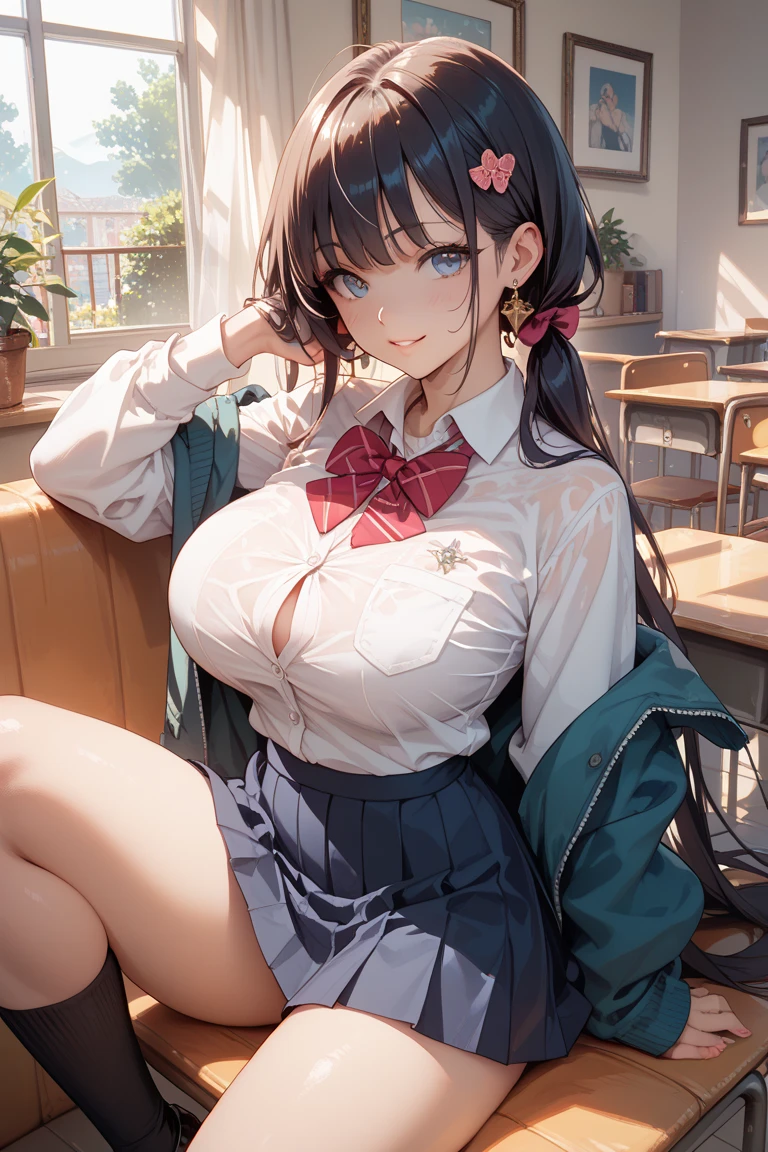  (Highest quality, 8K, 4K, High resolution, masterpiece:1.2), Very detailed, Anime Style:0.9, Realistic, Bright colors, Written boundary depth, Blurred Background,  alone, 1 female, (Black Hair, Long Hair, Braid, Glasses, Dark brown eyes), Beautiful facial details, Beautiful Eyes, Long eyelashes, Soft lips, (Small face), (smile:1.3), Rear View,  ((uniform:1.2,  )), classroom, (She climbs onto the desk and spreads her legs wide open to show it off), Lace Underwear, Big cleavage, Expressions of ecstasy, Sweat, Blushing, My body is soaked, Wet Panties, Cloudy semen splattered on her chest,