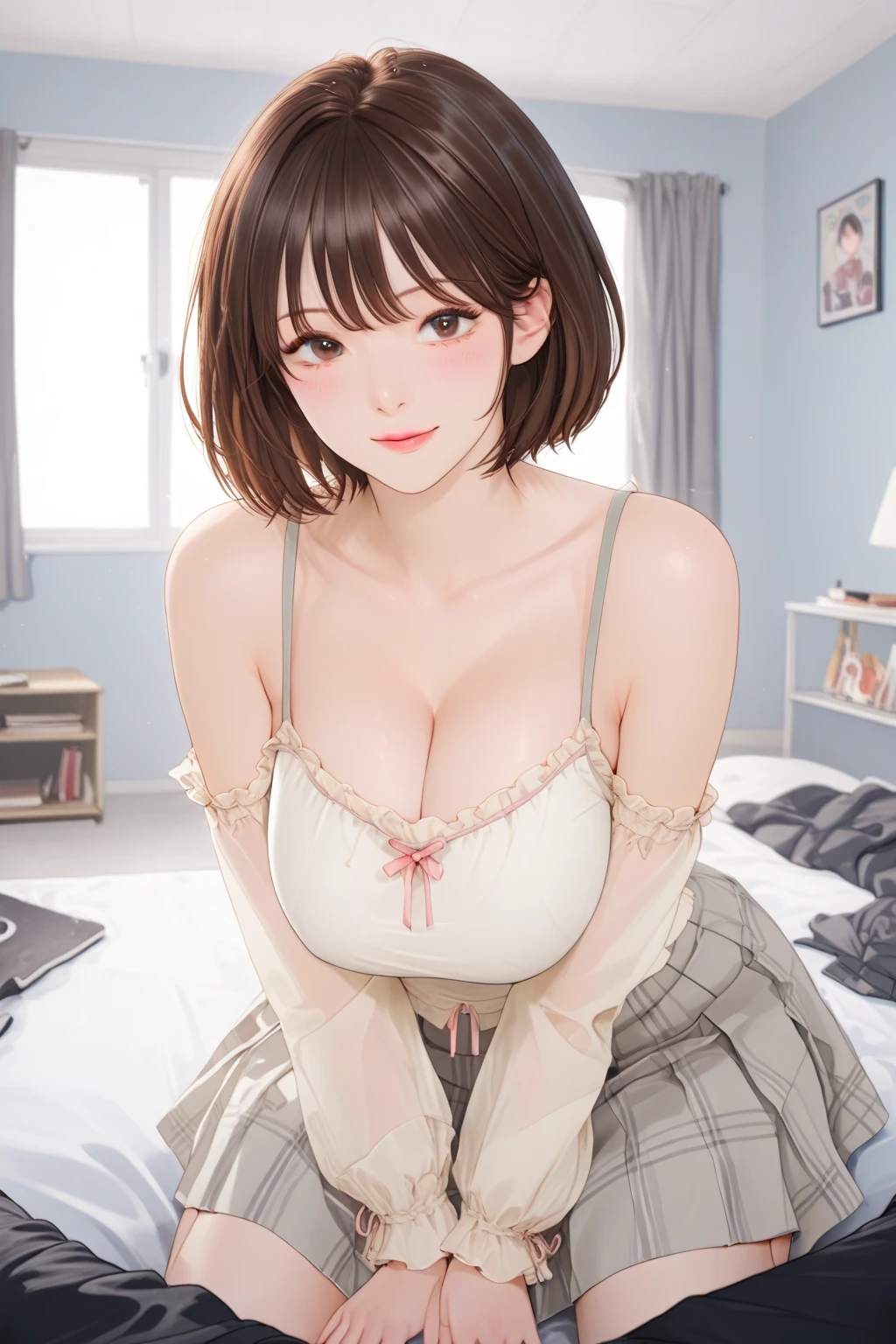(((white shirt over naked ))), (((The front is fully open with the buttons unbuttoned.))), ((show off your nipples )), ((see-through shirt)), (masterpiece), high quality,Not NSFW, genuine, 15 year old beautiful girl just like the photo, (((sleeping in bed))), (looking at the girl from directly above the bed), ((( bottomless)))、((( white lace panties))), looking at camera, black hair, bangs, Fair skin, thin eyebrows, bob hair, big breasts, A presence that is out of this world, shy smile