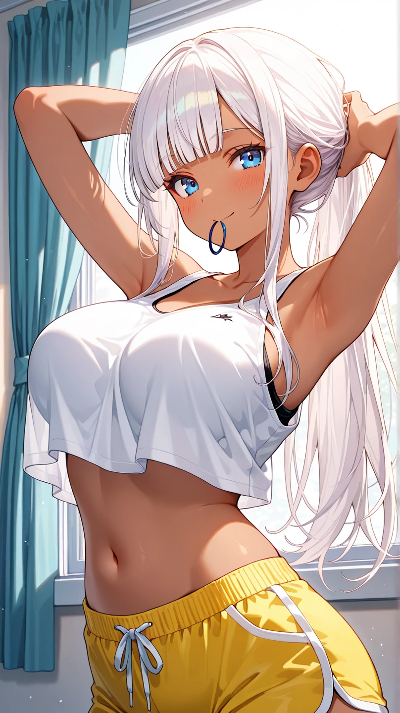 (Big Tits Girls), (White jacket), (Light Pink)Tank top, (Pink Thong)(High leg)(High Cut), Erect nipples, Slim and narrow waist, belly button, Small hips, Only the waist, (partially exposed)vulva(labia), (Blonde)bread(Twin tails), White ribbon, Dark Eyes, blue eyes, sunny, clitoris(Crotch wedge)Camel Toe