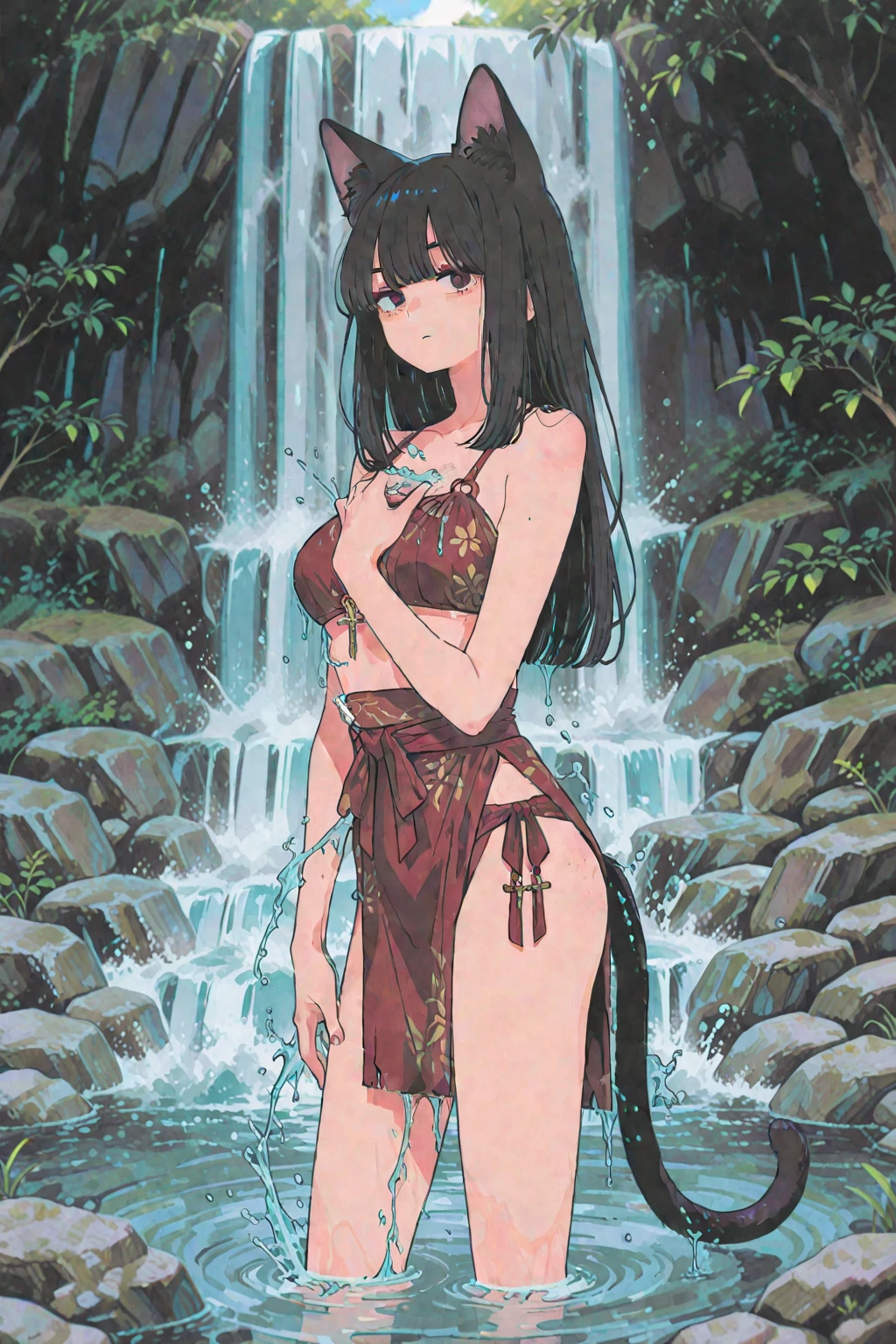 ((1 nakad adult woman walking in the river in a forest, fishing for fish with a rod)),(long black hair, smile)),((hairy pussy, very large pussy piercing, chest piercing)), ((big breasts)), belt on thigh,