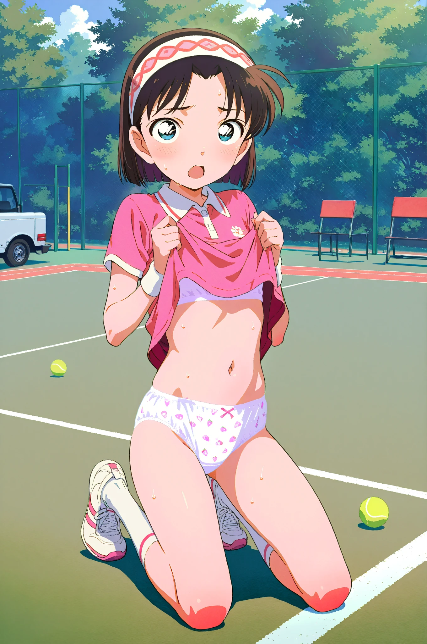 ((Highest quality, High resolution, Pixel perfect, 4K)), (Beautiful Anime), Written boundary depth、
Perfect body,
yuigahama yui, (Big Breasts:1.1)、 Red eyes、 short hair, Single hair bun、blush,
Tennis Wear, (Lift up the skirt:1.5), (white_Panties:1.5), (Crotch up from below:1.5)
summer、sunlight、
Tennis court、