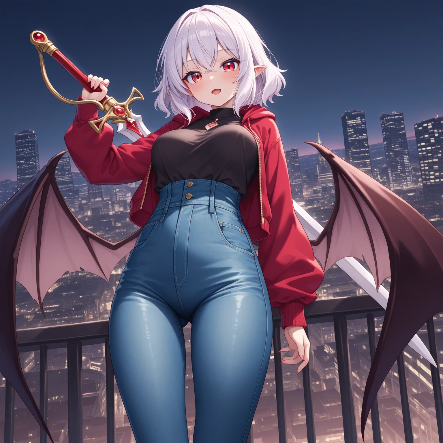 (masterpiece, best quality). white hair, hairbow, under-rim glasses, succubus, demon wings, minishorts, jacket, thighhighs. running, embarassed, from below, at panoramic background scenery of town square with fountain. yuri cutie, by tony taka, ultrarealistic, medium breasts, red theme. 1girl, solo, accurate shading, 40mm ultradetailed skin pores, shiny skin, hentai body, sidelighting, film grain, subsurface scattering translucency, cinematic filmic cg vfx bloom postproduction, beautifully realistic raytracing rtx photorealistic render with high realism