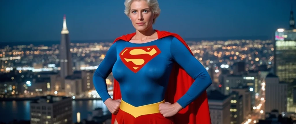 ancient cave; Jean Smart 2024( big fat woman; powerful; trusting; higher) 2007 (((Woman defined body with big breasts, strong and firm; Supergirl 1984s costume dress))) as Supergirl(((Jean Smart's 1984 Supergirl Movie))); floating in mid - air.