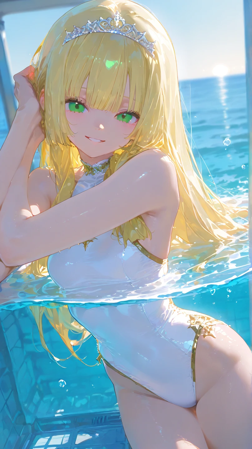human, a beauty girl, Light gold straight hair, Bright gold eyes, See-through translucent white swimsuit, Dazed eyes, inn, The red face mentioned