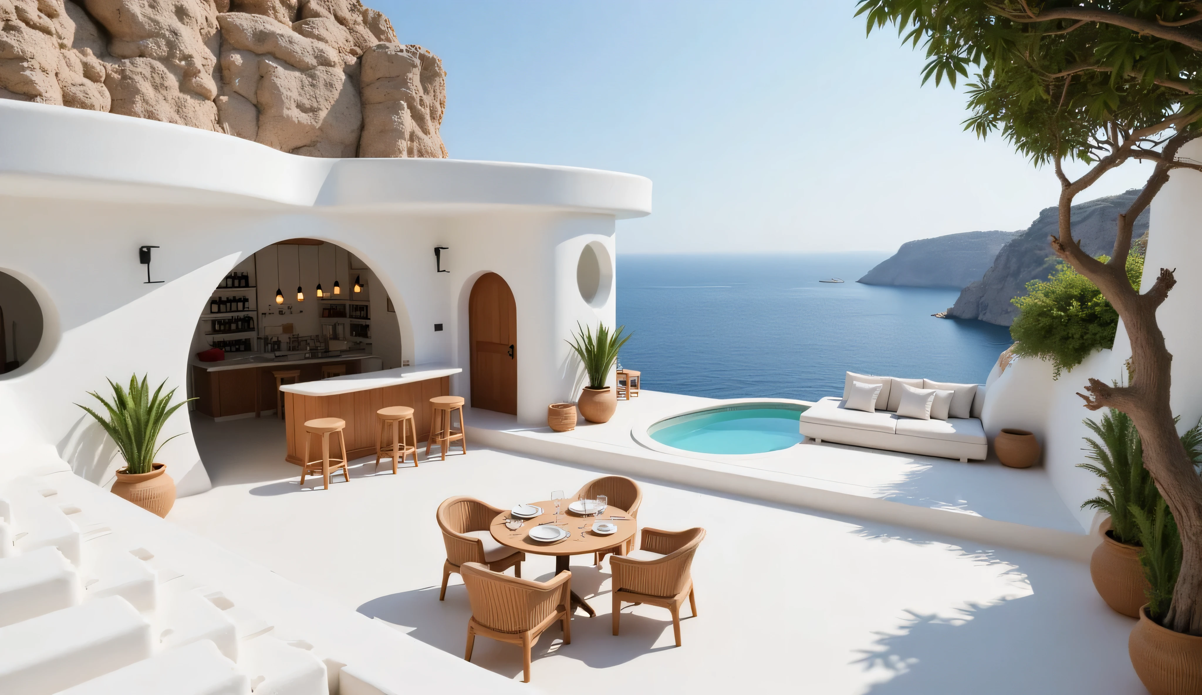 This is a picturesque view of a luxurious and stylish seaside venue, likely a high-end beach club, resort, or restaurant, exuding a Mediterranean or Bohemian-chic vibe.

The Venue and Architecture:
The setting is built directly into a rugged, light-colored rock cliffside. The architecture is characterized by organic, flowing shapes and brilliant white, stucco-like walls that create a stark, beautiful contrast with the natural rock and the blue sea.

Bar and Interior: A large, inviting archway reveals a cozy bar area. The bar itself is wooden, with matching high-stools. The back wall is lined with shelves fully stocked with bottles, and warm pendant lights hang from the ceiling, suggesting an intimate atmosphere inside.

Outdoor Terrace: The outdoor space is a multi-level terrace with smooth, white, curved steps and platforms. In the foreground, a round wooden dining table is set for two with plates and water glasses, surrounded by comfortable-looking wicker chairs with white cushions. The scene is bathed in bright sunlight, creating dappled shadows from unseen overhead foliage.

Lounge Area: Nestled against the rock face is a plush outdoor lounge area featuring a large, white sectional sofa adorned with numerous soft cushions. This cozy nook offers a prime spot for relaxation with stunning ocean views.

Plunge Pool: To the right, a small, freeform plunge pool with crystal-clear turquoise water is seamlessly integrated into the white terrace. Its curved edge sits right at the precipice, overlooking the sea below.

Natural Elements:
Nature is a key component of the design.

The Sea: The venue opens up to a vast, deep blue sea that stretches to the horizon under a clear, sunny sky. The water appears calm and inviting.

The Cliffside: The entire structure is built against and incorporates the natural, craggy rock formations of a cliff.

Greenery: Lush green plants in large, woven pots are strategically placed, adding pops of color and life. A gnarled tree and climbing 