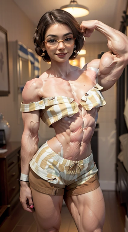(Muscular:2), (thick muscular thighs, wide hips:2.3), (latina female, tan skin:2), adult, (glasses), earrings, eyeshadow, lipstick, bokeh, (freckles:0.9), (upper body view), (striations), (hard nipples:1.2), (large breasts), (perky breasts:1.4), (sleeveless off-the-shoulder top, pajama shorts, striped pattern:2), (six pack abs:1), (sculped muscles:1.7), (athletic body:1.5), (muscular body:2), (looking at viewer), (drunk, smiley:1.4), detailed eyes, dark bedroom, (dawn lighting), rim lighting, two tone lighting, dimly lit, clean skin, low key (DETAILED SKIN), (big ass)
