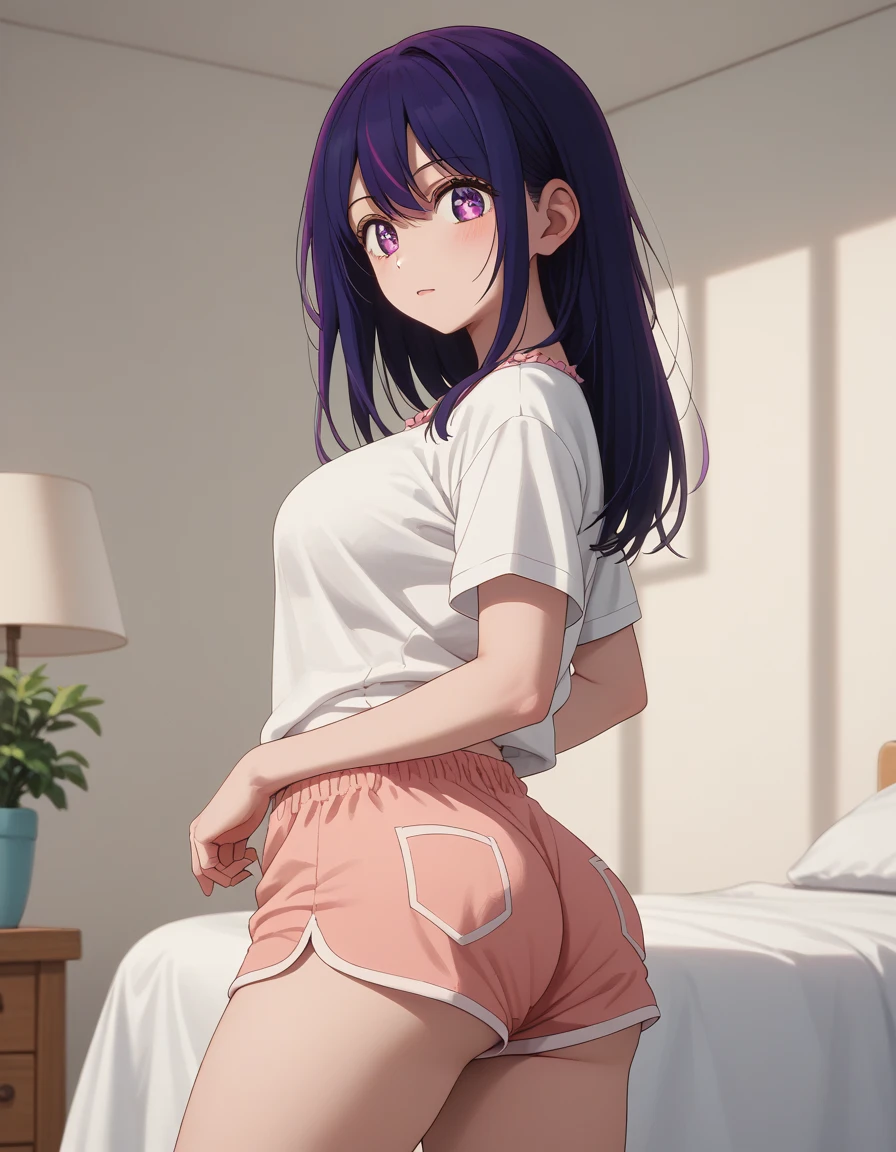 Junior high school girl in underwear、childish cotton panties、Panties with illustrations printed on them、High-waisted panties、Purple panties、Chubby、butt、15 years old、Changing clothes in the changing room、2 friends