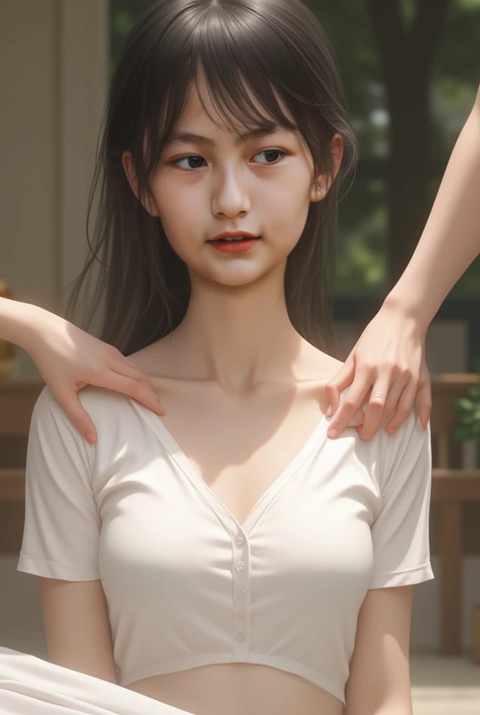 ((Best Quality)),NSFW,((Realistic)),((Absurd resolution,Ultra High Resolution,Highly detailed)),(Highly detailed face:1.2),8k,RAW,1girl,((Japanese girl)),(young adult),(beautiful detailed eyes),large iris,brown eyes,(open mouth),(white fundoshi:1.3),(fun-roku:1.2),(penis bulge:1.1),(penis line:1.1),((skin dentation)),(topless:1.2),(flat chest:1.3),(feminine),((beautiful)),(pretty face),(cry:1.1),(armpit hair),detailed skin,(pale skin),(wet:1.3),(Pubic hair:1.25),Thick eyebrows,straight eyebrows,Low eyebrows,(thick lips:1.2),(Glossy lips),(lip stick),((blush)),(Tall body),(athletic body:1.4),(slim),((curvy hips)),((round hips)),(wide forehead),pulled back hair,braid,Perfect Anatomy,(Black medium hair)