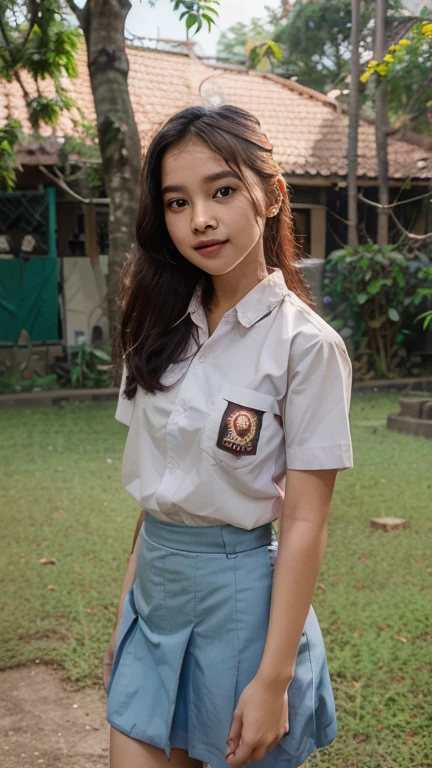 Beat quality picture,RAW  indonesian girl with glasses and long hair wear Indonesia uniform high school white shirt and long skirt!! And grey tie! and Indonesia, javanese joglo house background pose smile in front camera tan skin girl, bring black tiny backpack