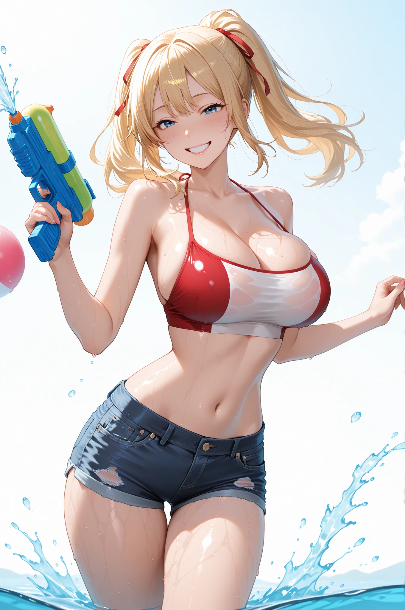 a gorgeous 10 year-old girl, bikini, straight blonde ponytail, holding a water gun, extremely detailed, 4k, perfect face