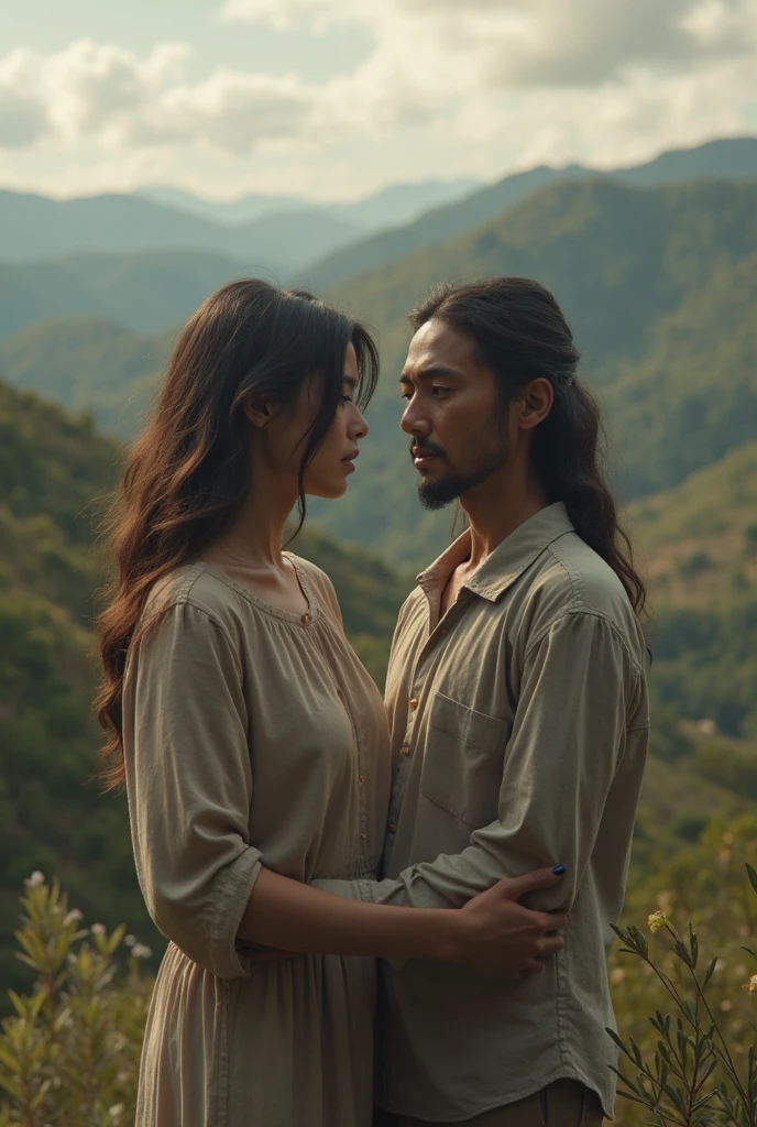 there are a man and a woman standing on a rock with mountains in the background, man with curl hair, indonesian people, in mountains, inspired by the Brothers Hildebrandt, on a mountain, a colorized photo, digital art. @mariomaniacdude, a mountain look like a women, in a oil painting style, portrait of edward and bella, inspired by Brothers Hildebrandt, with mountains as background