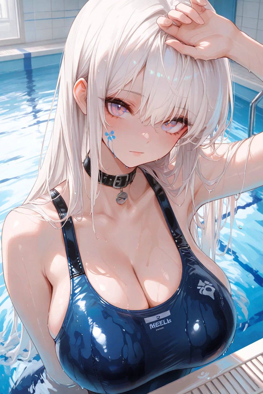 masterpiece, best quality, 1 girl, solo, large breasts, dark blue eyes, bangs, gray hair, long hair, blue competitive swimsuit, (shallow pool:1.2), (wet:1.1), water drops, povpinch, hand on pussy, cleft of venus, pussy, looking at viewer, spread legs, pov, pov hand, arms up, arms behind head, from above