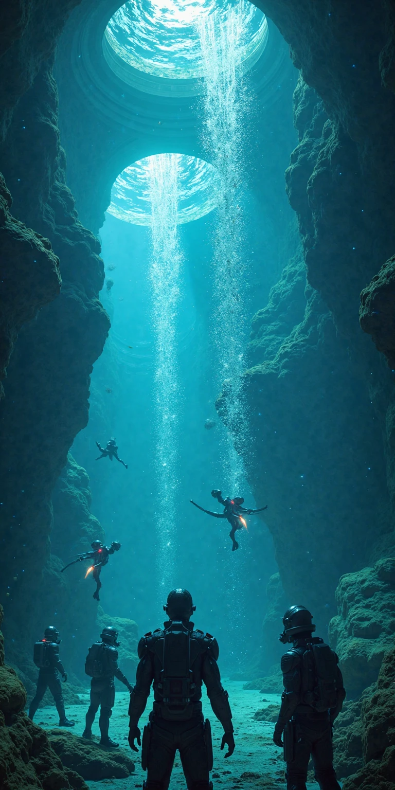 An underwater scene, where a group of divers explore a cavernous corroding cave that has been generating low-light hostility for centuries, As they swim deeper into the depths, their senses are overwhelmed by the forceful polar mournfulness of the forceful and creative young woman who is leading them through the leaching, dreamlike cave paintings that were once part of an extraordinary pastoral sheltered existence, The corroding cave is now a low-light hostile environment that has become functional for biodiversity, generating an innate forcefulness in those who dare to venture into its depths, , (&:0)