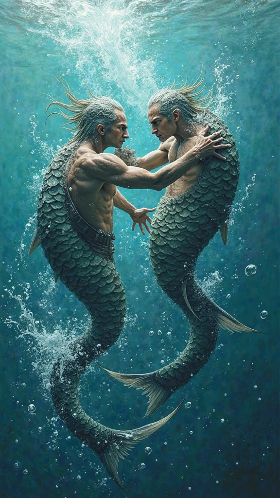 (masterpiece,Distinguished Quality,Mirror-like,Cinematic Experience, insanely detailed,absurdres),8k,(full image shot), the shimmering, iridescent depths of an enchanted ocean, (2 males:1.6),fighting,mesmerizing sirens,(male, with manly mermaid tale:2.0),(male siren),(black metallic manly tale),(manly abs),(all hair types are in),Black hair:2.0),aquamarine eyes gleam with an otherworldly allure, shimmering, crystalline tail glimmers with a soft, ethereal light, beckoning sailors to their doom with a haunting, melodic song that echoes through the mystical, moonlit waves, Imagine the captivating, underwater scene!