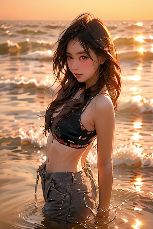 best quality, masterpiece, photo photorealistic, 8k, 4k, extreme resolution, super high resolution, dynamic lighting, real lighting, wet clothes,beautiful details glowing and expressionless, detailed, cinematic light, intricate details, high resolution,1 girl sitting on reef by the sea, short wavy hair, plain long skirt, sunset, sun reflected on the water on the horizon, (sunset: 1.4) dusk, cloudy, reddish-blue sunset, nature,