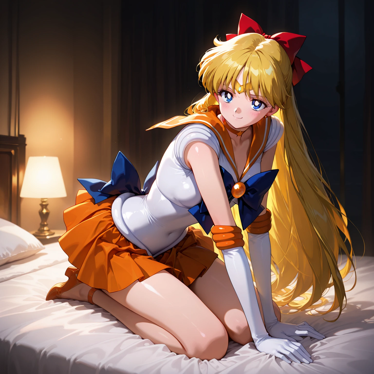 masterpiece, best quality, high resolution, high detail face, venus1, 1 girl, solo, sailor senshi uniform, sailor venus, aino minako, blonde hair, magical girl, blue eyes, orange skirt, elbow length gloves, tiara, pleated skirt, bow for hair, orange sailor necklace, mini skirt, choker, red bow, orange choker, white gloves, very long hair, jewelry, earrings, lying on her side on a bed, showing her ass, ass with a small white thong, very sexy nice ass, small breasts.
