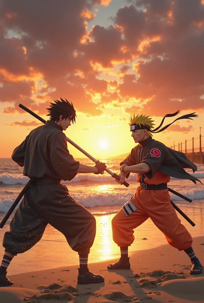 A highly detailed and dynamic scene of Naruto and Luffy locked in an intense battle in the middle of the vast ocean, water splashing all around them, (best quality,4k,8k,highres,masterpiece:1.2),ultra-detailed,(realistic,photorealistic,photo-realistic:1.37),two powerful anime characters, Naruto and Luffy, dramatic action pose, dynamic movement, water splashing, ocean background, stormy sky, cinematic lighting, vivid colors, intricate details, (epic:1.2),(dynamic:1.2) Naruto is fighting with his Rasingan