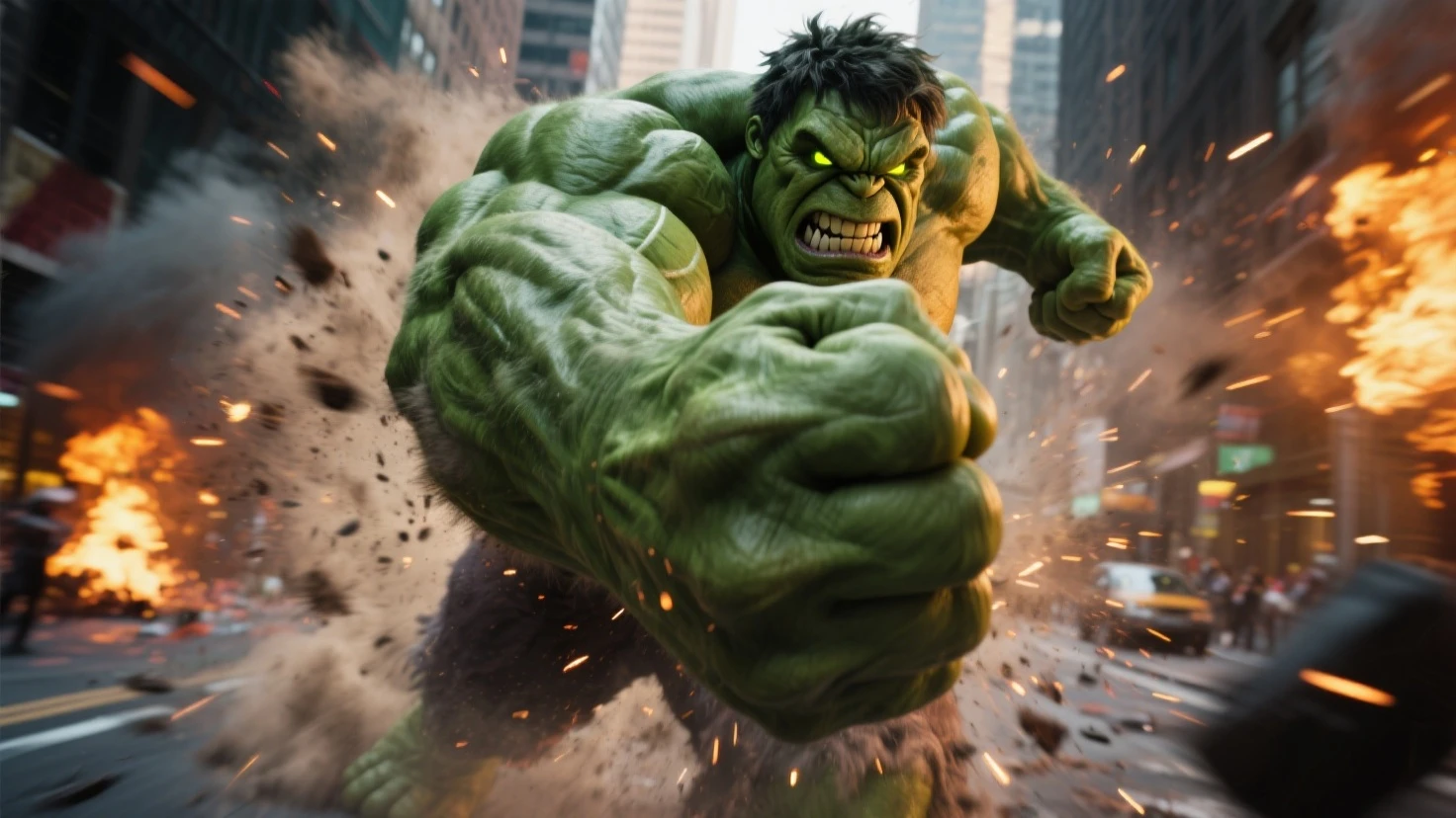 An intricate image of Arnold Schwarzenegger as the hulk, massive muscle, green, purple shorts, micro-details, photorealism, one light, dark photo, deep shadows, shallow depth of field, photorealistic, Surrealism, high quality, masterpiece, 8k, 8k, super detail, full body portrait,  extremely muscular, scratched, dented, battle scars, flying with his boosters