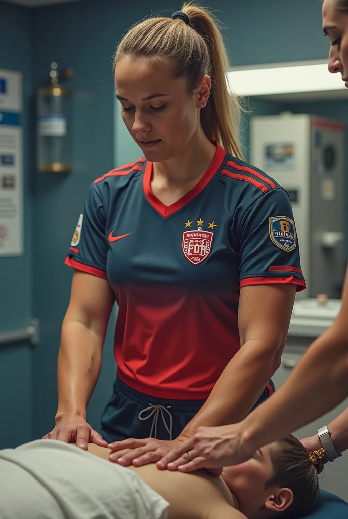 his hands are covering his face, the man has put his hands over his face, both hands are in front of his face, bald man on a stretcher being carried by a woman, a soccer scene in a stadium in italy , Jennifer Lopez in a black high-gloss plastic downcoat in front of us with an angry face and an extremely horrified and desperate expression from right to left across the soccer field, Jennifer Lopez carries in a horizontal orientation a stretcher on which an injured footballer lies in dull and dusty blue sportswear, the footballer lies sideways on the stretcher with his legs slightly bent and his torso towards us and has both arms bent and hands in front of his face, the footballer's head on the trage lies close to Jennifer Lopez' deep black plastic downcoat and is concealed by the footballer's akimbo arms and hands, the footballer in the mat cotton sportswear has his hands clasped in pain in front of his face and radiates an aura of pain and sorrow, Jennifer Lopez in the shiny black plastic puffer coat carries the injured soccer player on the stretcher which she carries before our eyes over the soccer field, in the background you can see the occupied stands of the italian soccer stadium, a soccer game initaly, sports injury, transport on the stretcher, Jennifer Lopez, high-resolution photo, ultra-realistic photo, photorealistic shot, super high-resolution and sharp photo, shiny black plastic burka, best shot, impressive winning photo, realistic shot, perfect shot, injured, intense momentl, 📷